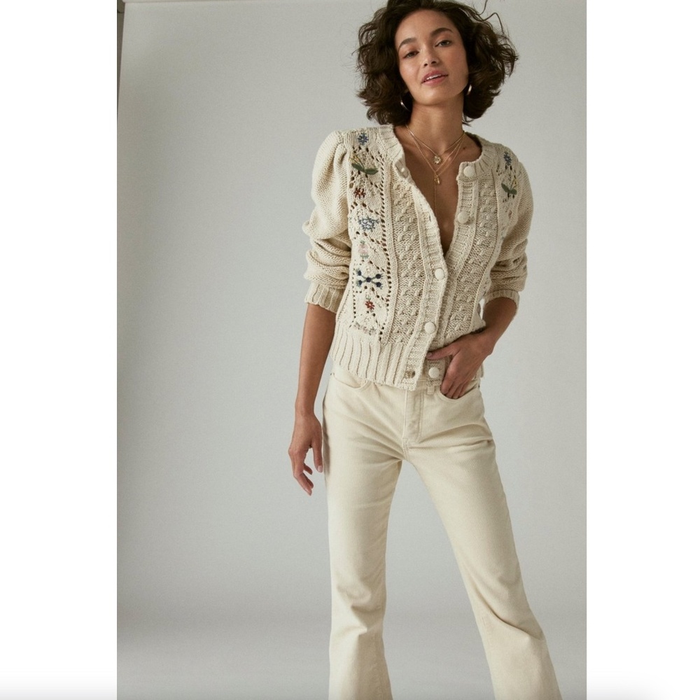 Lucky Brand Embroidered Cardigan in Oatmeal Cotton Recycled Polyester Size Large